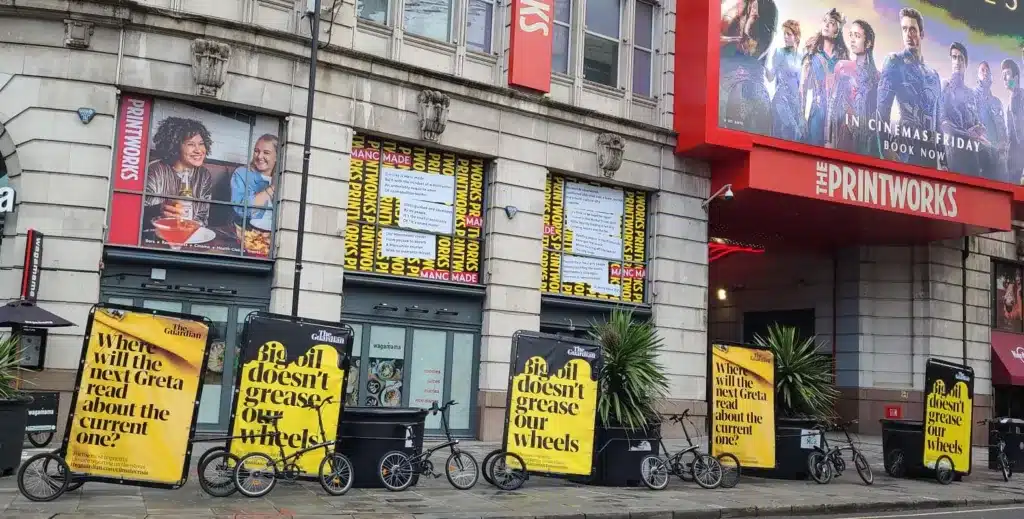 The Guardian advertising bikes outside Manchester Printworks